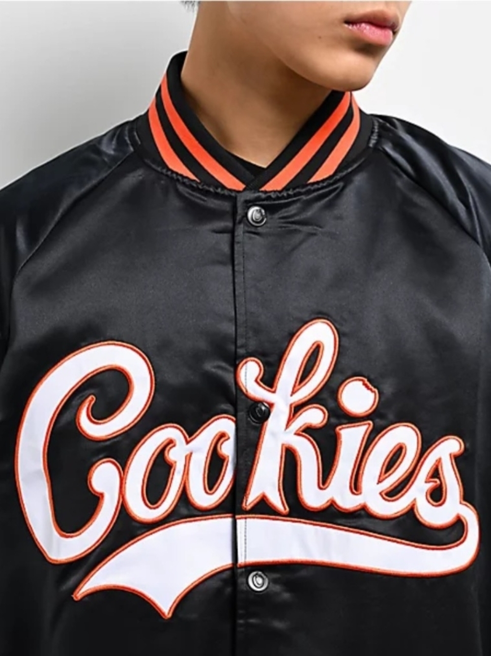Cookies Black/Orange Satin Jacket with and White Script Sizes S /M/L New $85 - Picture 3 of 9